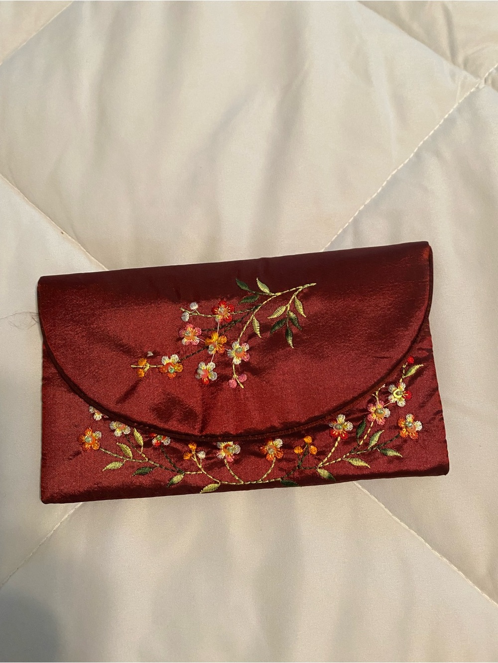 Embroidered Satin Clutch Bag in Deep Burgundy